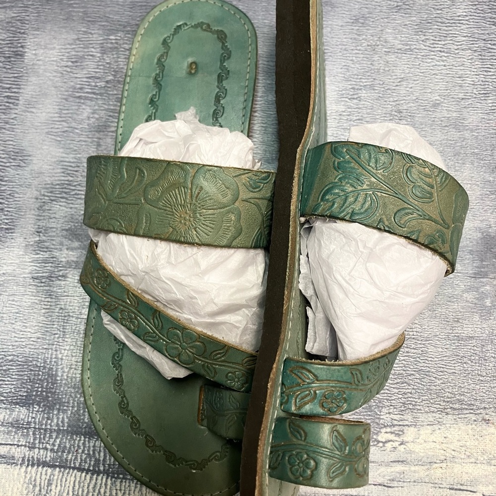 Green Boho Floral Embossed Leather Slide Sandals - Picture 6 of 8